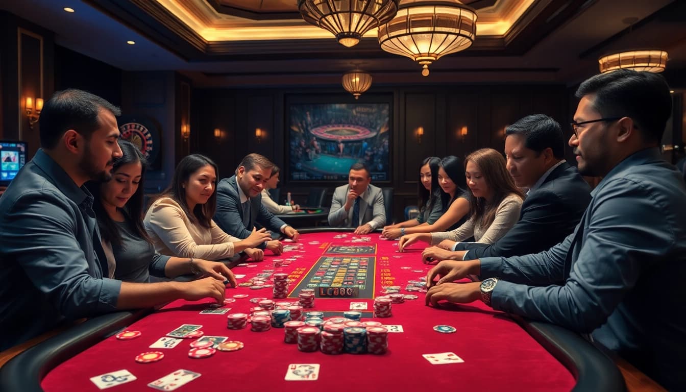 LC88 gamers placing bets at a luxurious casino table with vibrant chips and cards.