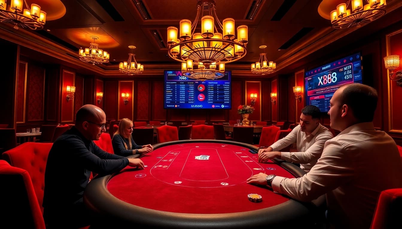 Players engaging at a high-stakes poker table, capturing the thrill of XX88 casino excitement.