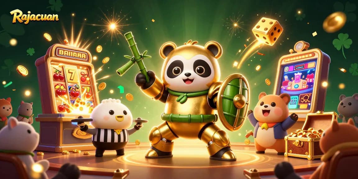 Rajacuan memperlihatkan momen mendebarkan dalam permainan kasino dengan elemen slot dan kartu di arena.