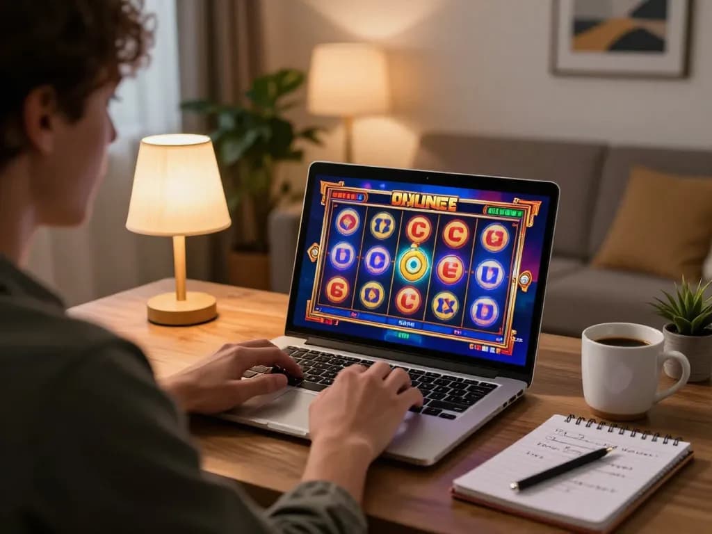 Player enjoying online slots at trang chủ 88aa with focus on laptop screen and cozy atmosphere.