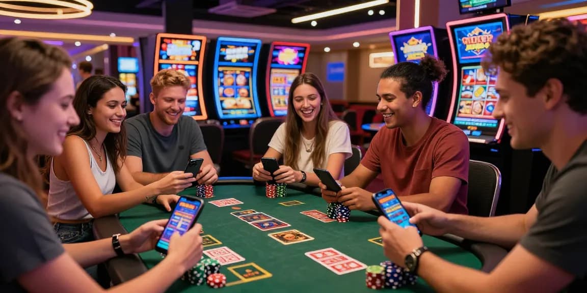 Exciting gaming session at credit card casinos with friends enjoying slots and cards.