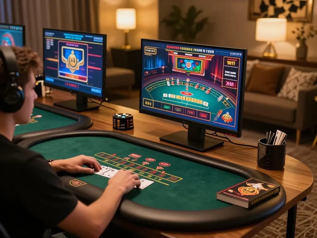 Engaging online poker gameplay showcasing casinosscope strategies in a comfortable home setting.
