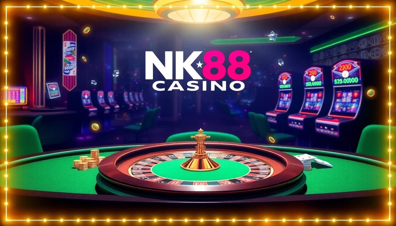 Engaging scene of NK88 Casino featuring a 3D roulette wheel and poker table, capturing high-stakes excitement.