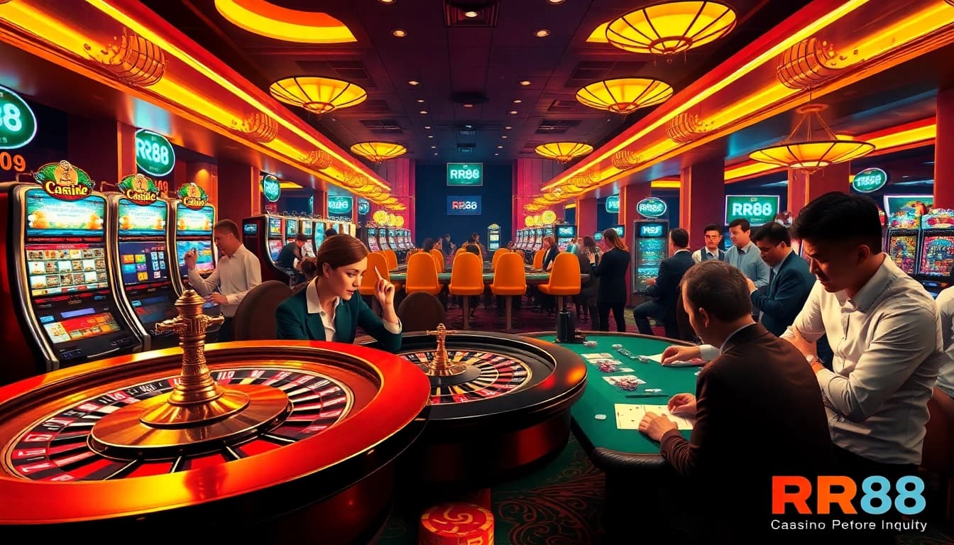 Experience RR88's thrilling casino atmosphere with vibrant gambling elements and excited players.