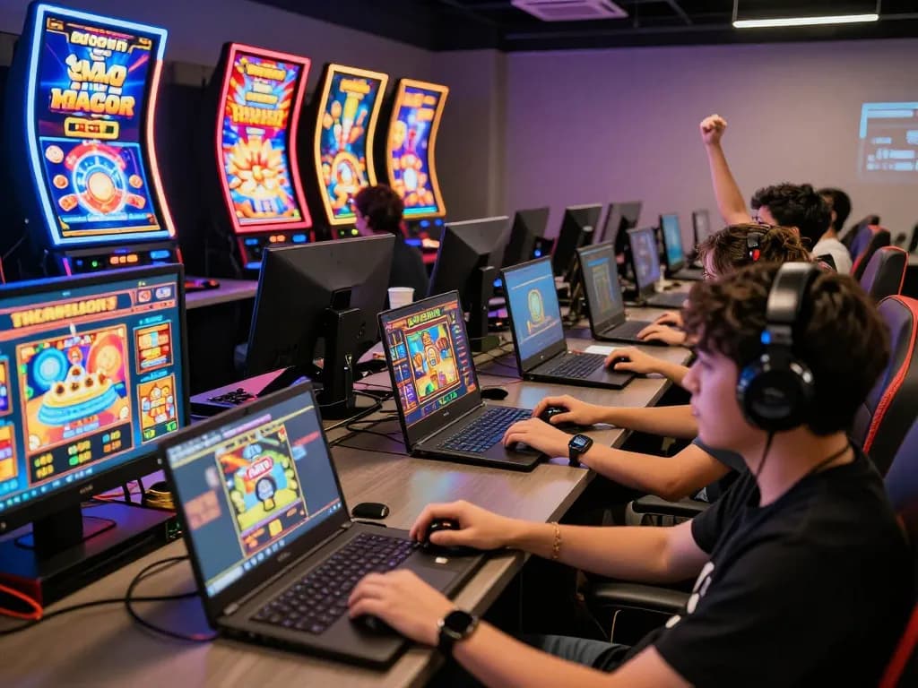 Players enjoying slot gacor games in a vibrant online gaming lounge, celebrating wins in 2026.