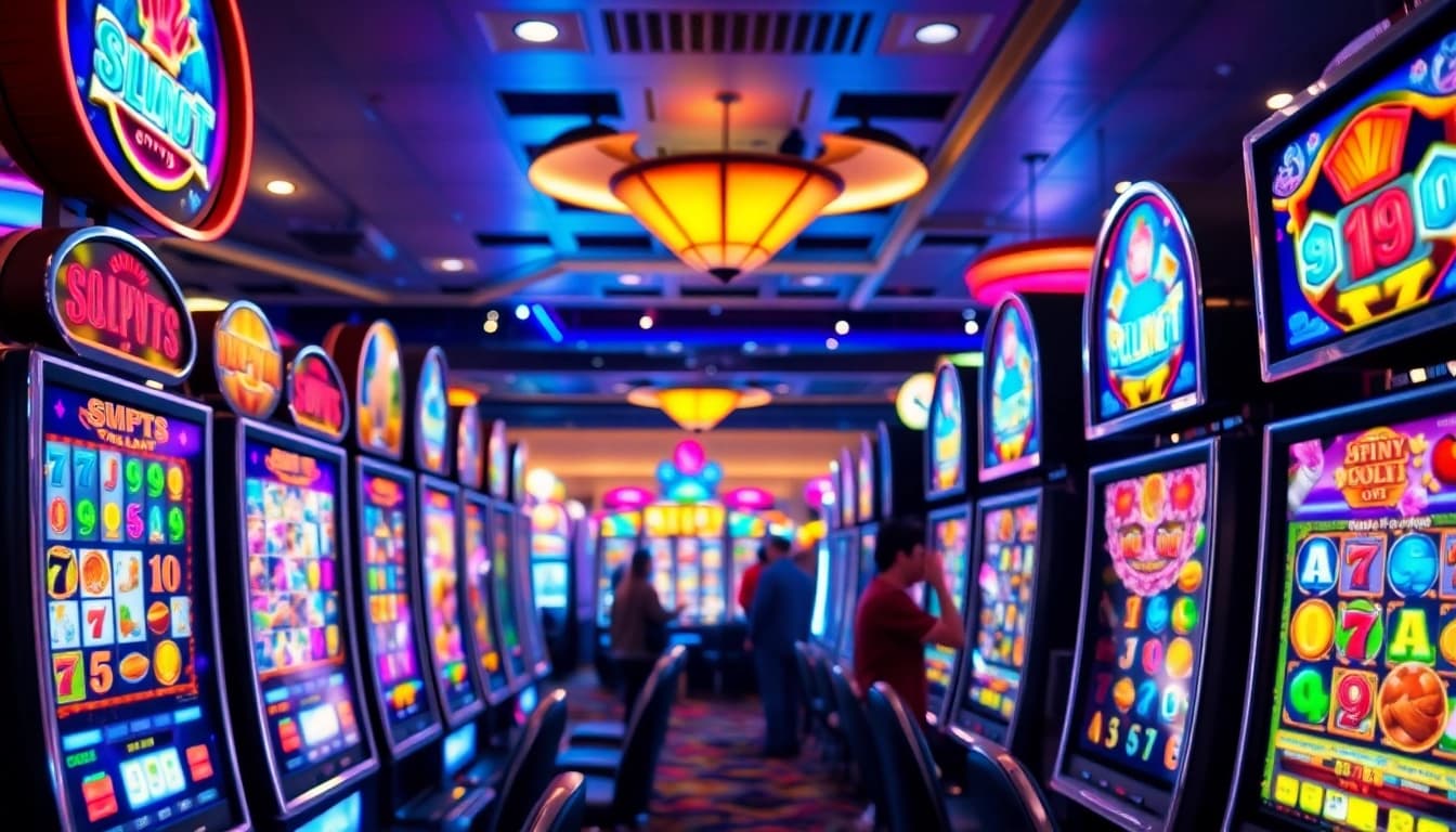 Slot Game yang menarik dengan mesin slot beragam tema dan suasana ceria di kasino.