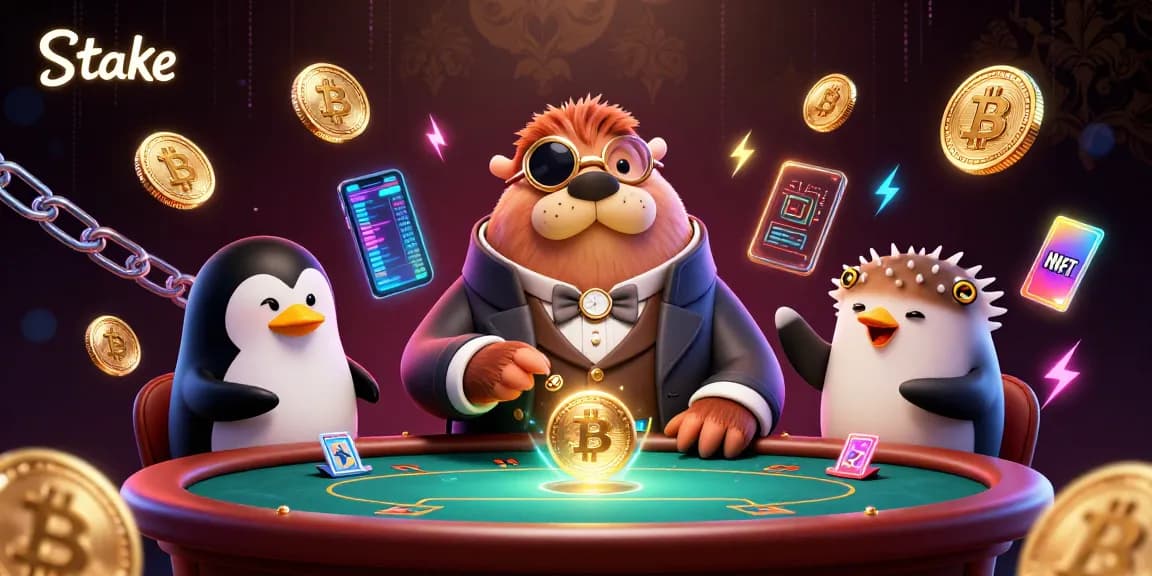 Engage in a thrilling poker match at Stake with vibrant crypto elements surrounding dynamic characters.