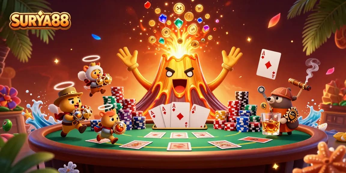 SURYA88 showcases a vibrant 3D illustration of a golden volcano and treasure, perfect for casinos.