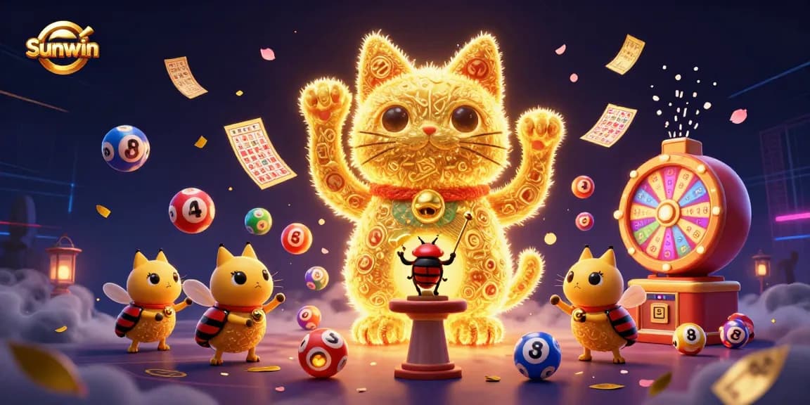 Experience the excitement of Sunwin with a dynamic illustration of a lucky cat at a casino.
