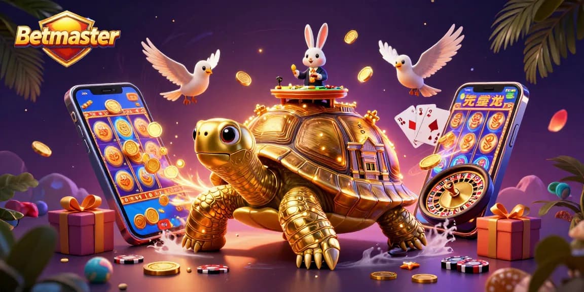 Betmaster showcases fun gameplay with a giant tortoise casino, rabbit dealer, and golden coin action.