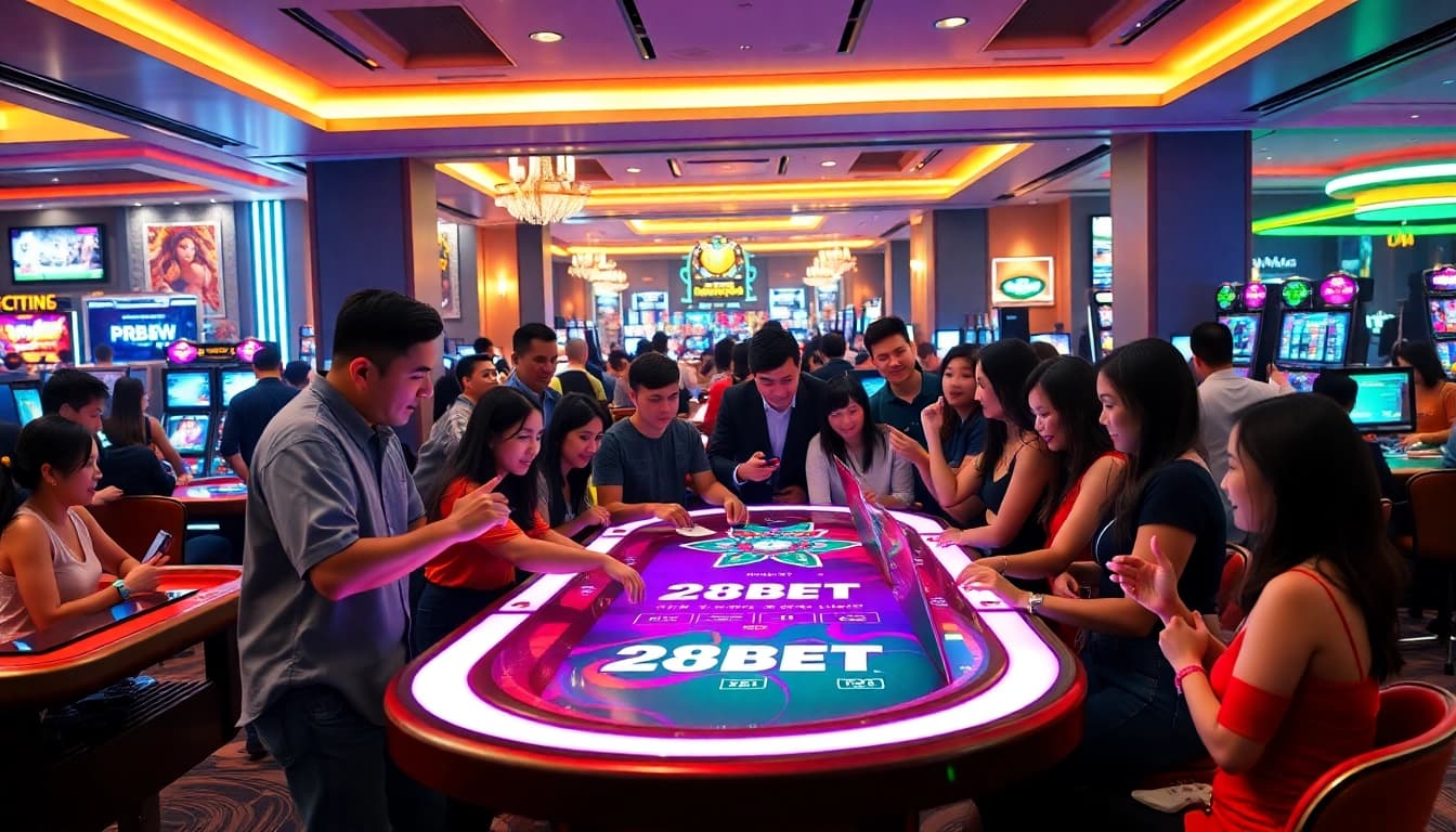 The lively casino scene featuring diverse players enjoying games at 28BET's illuminated gaming table, showcasing excitement and engagement.