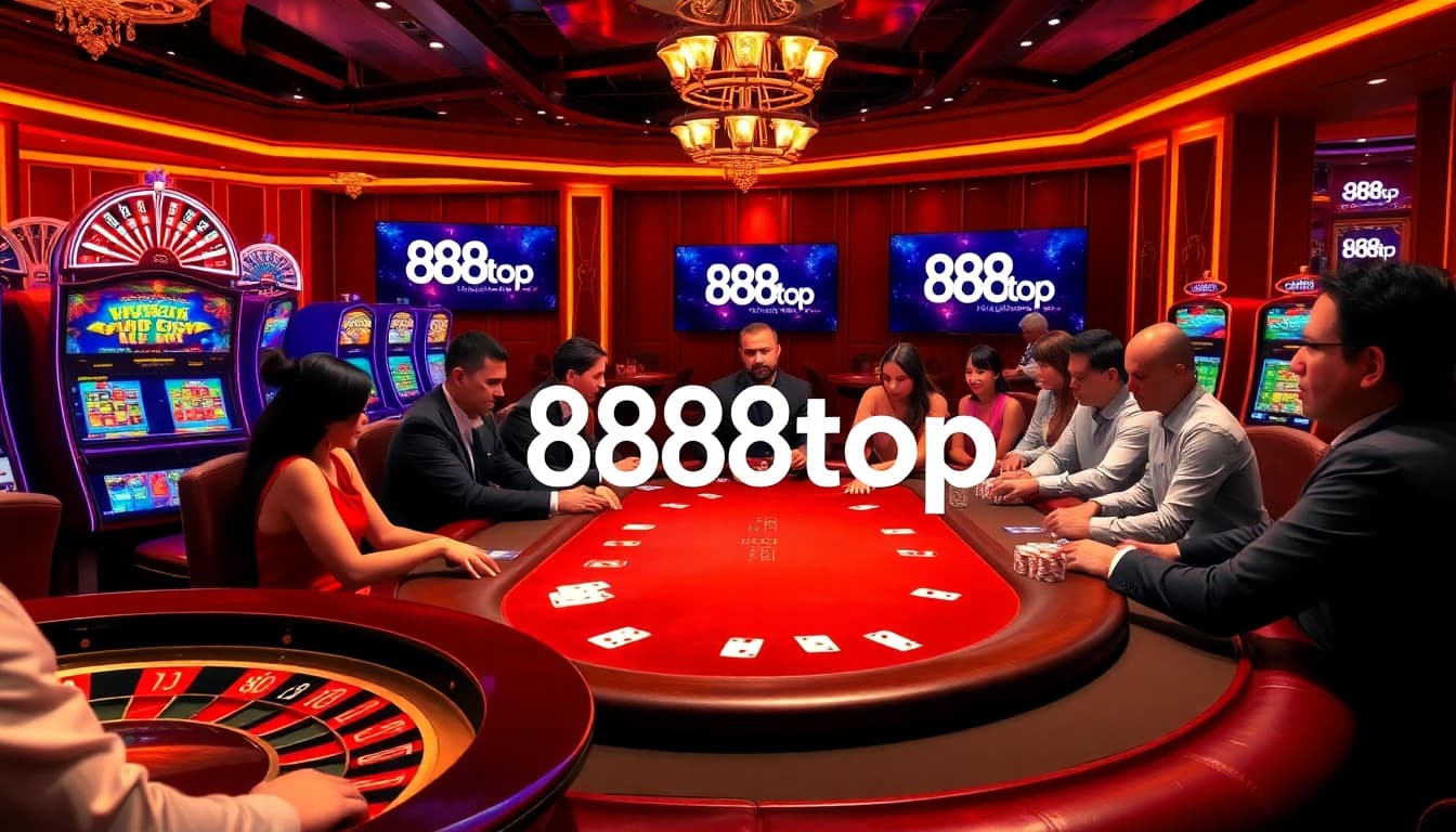 Engaged gamblers playing poker at an elegant table while showcasing the 888top link in a vibrant casino.
