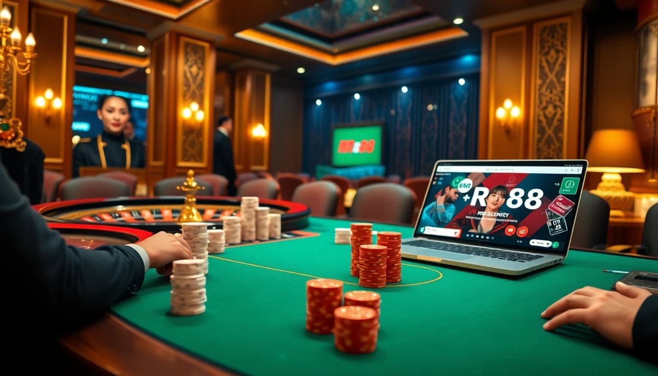 RR88 poker players engaging in high-stakes gaming with vibrant casino ambiance.