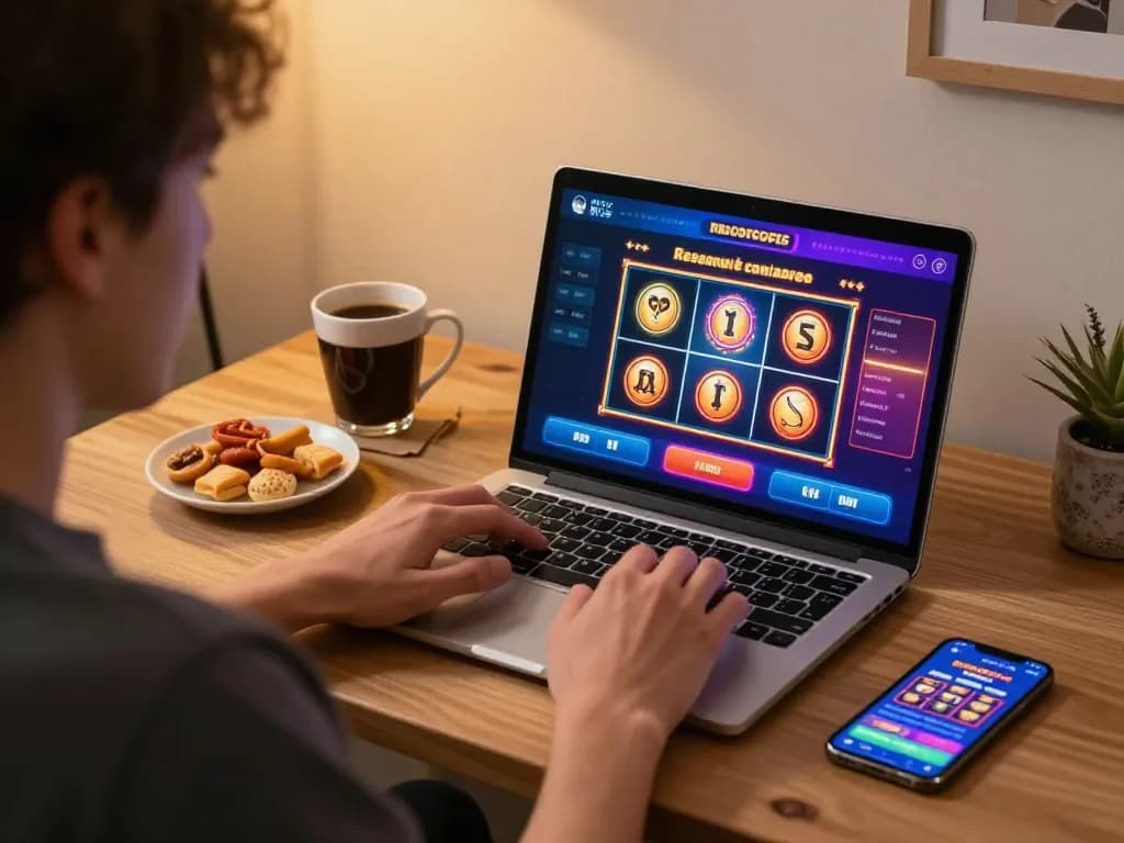 Casinoatlas highlights online gaming with a person playing slots on a laptop in a cozy home setting.