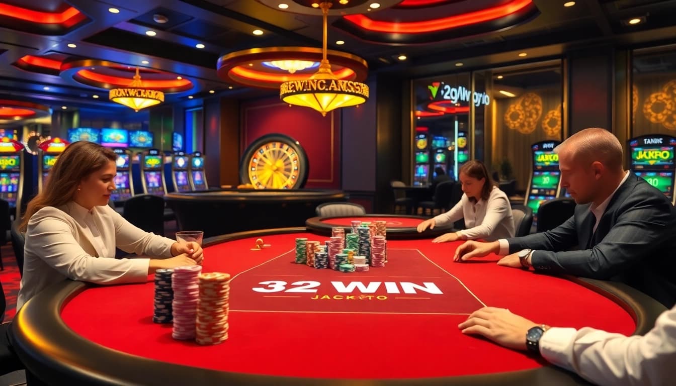Experience the thrill of gambling at 32 WIN's lavish casino tables, complete with vibrant poker chips.