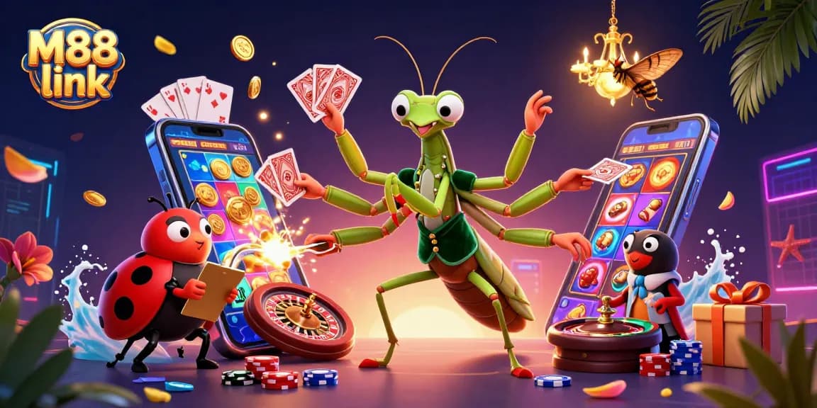 Engage with the M88 link through vibrant casino elements including slot games and poker action.