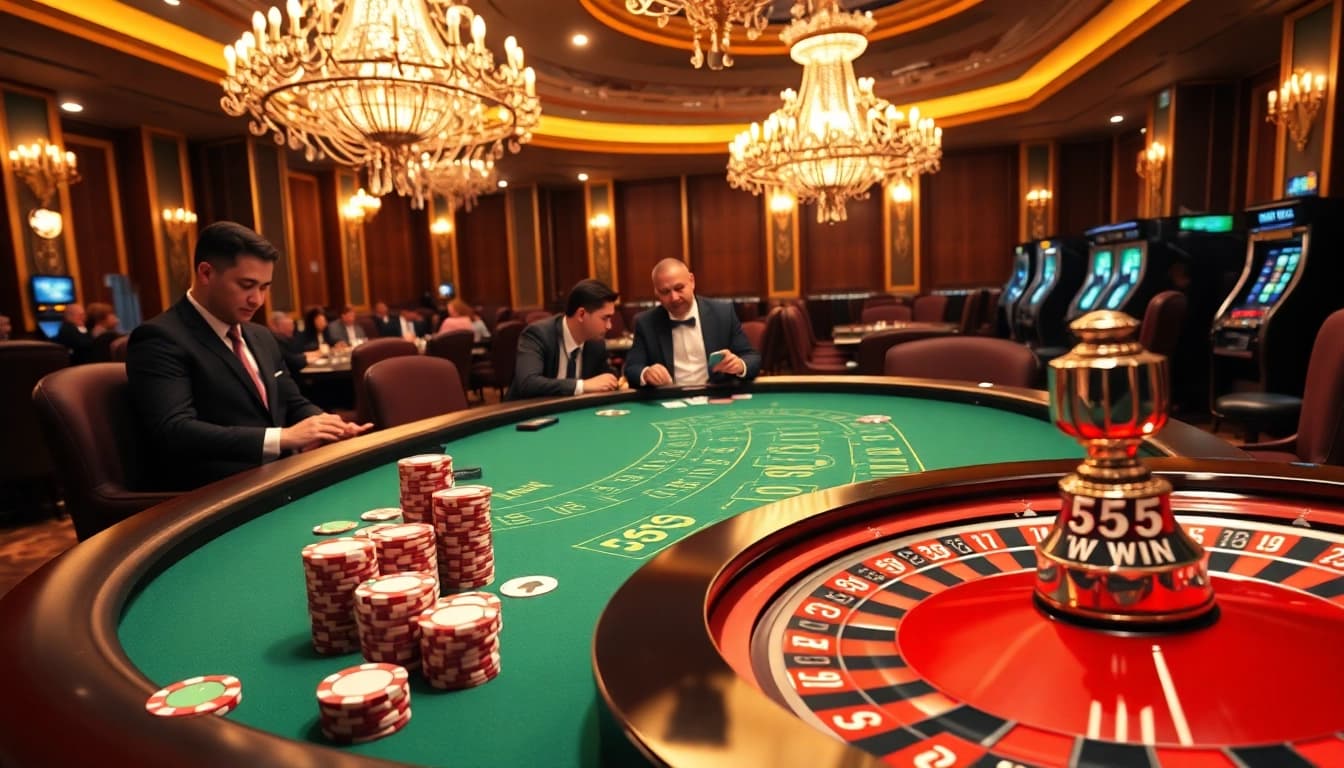 Players celebrate big wins at a luxurious casino with "555 win" prominently displayed.