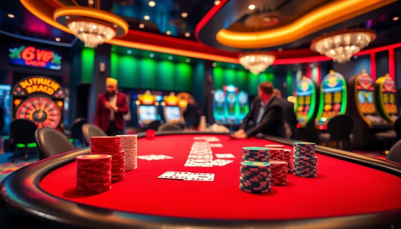 Experience high-stakes action at 68VIP's modern casino featuring luxury poker tables and vibrant slot machines.