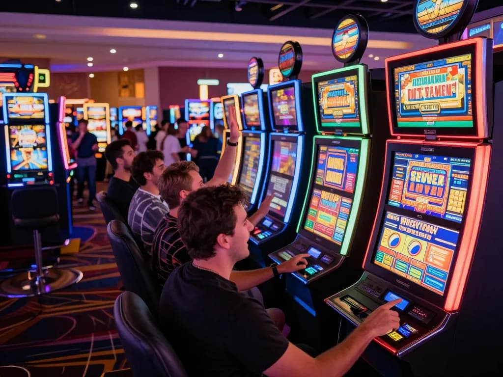 Players engaging with vibrant slot gacor machines, capturing the excitement of casino gaming.