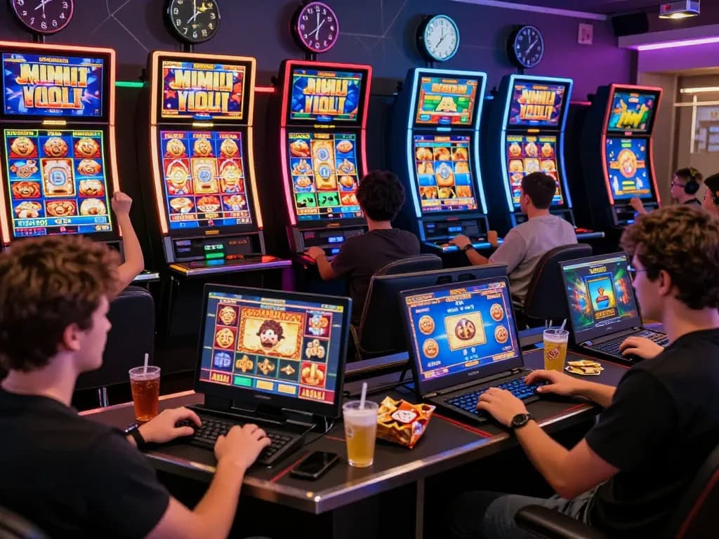 Ruang permainan yang menarik dengan berbagai pemain yang terlibat dalam situs slot gacor online, merayakan kemenangan dalam suasana virtual yang meriah.