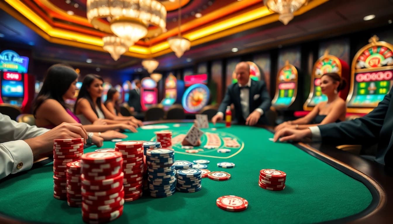 Exciting gambling action at https://ok8386.sh/ with vibrant poker chips and a luxurious casino table.