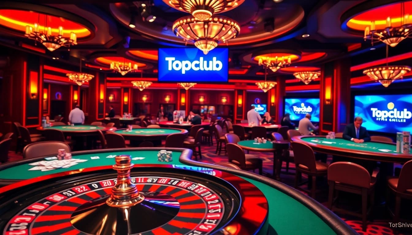 Players enjoy a thrilling gambling experience at Topclub casino, surrounded by poker chips and cards.