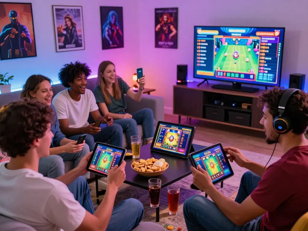 Teman-teman yang terlibat menikmati sesi permainan slot poka102 di perangkat mereka di lingkungan yang ramai.