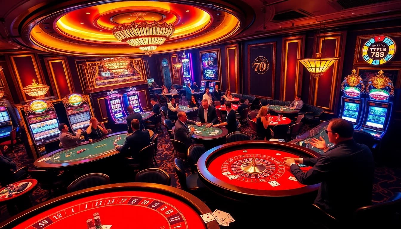 Players celebrating wins at the 789 club casino with roulette wheels and slot machines.
