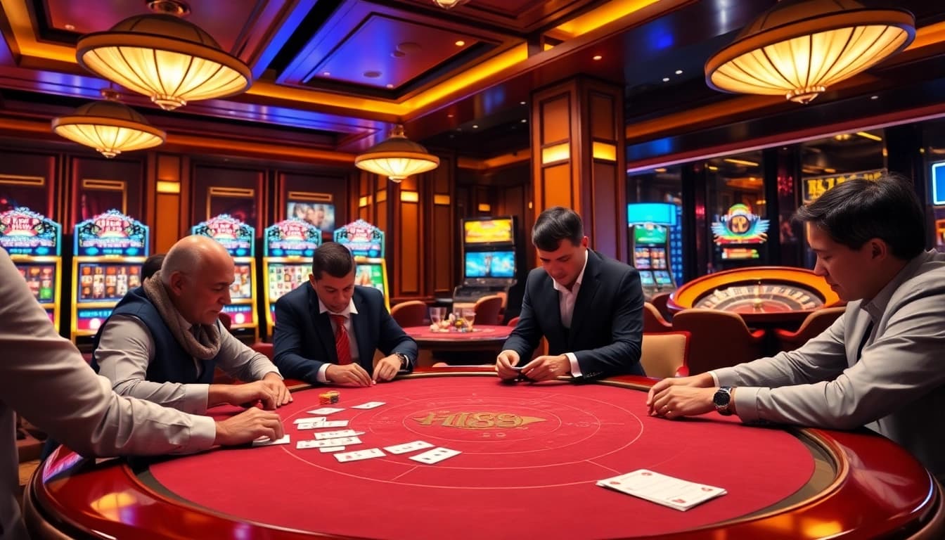 Engaged players enjoy a luxurious Hi88 poker game at a vibrant casino table.