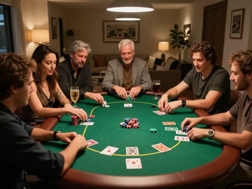 TD88 poker night with friends enjoying a friendly game at home, highlighting strategy and social interaction