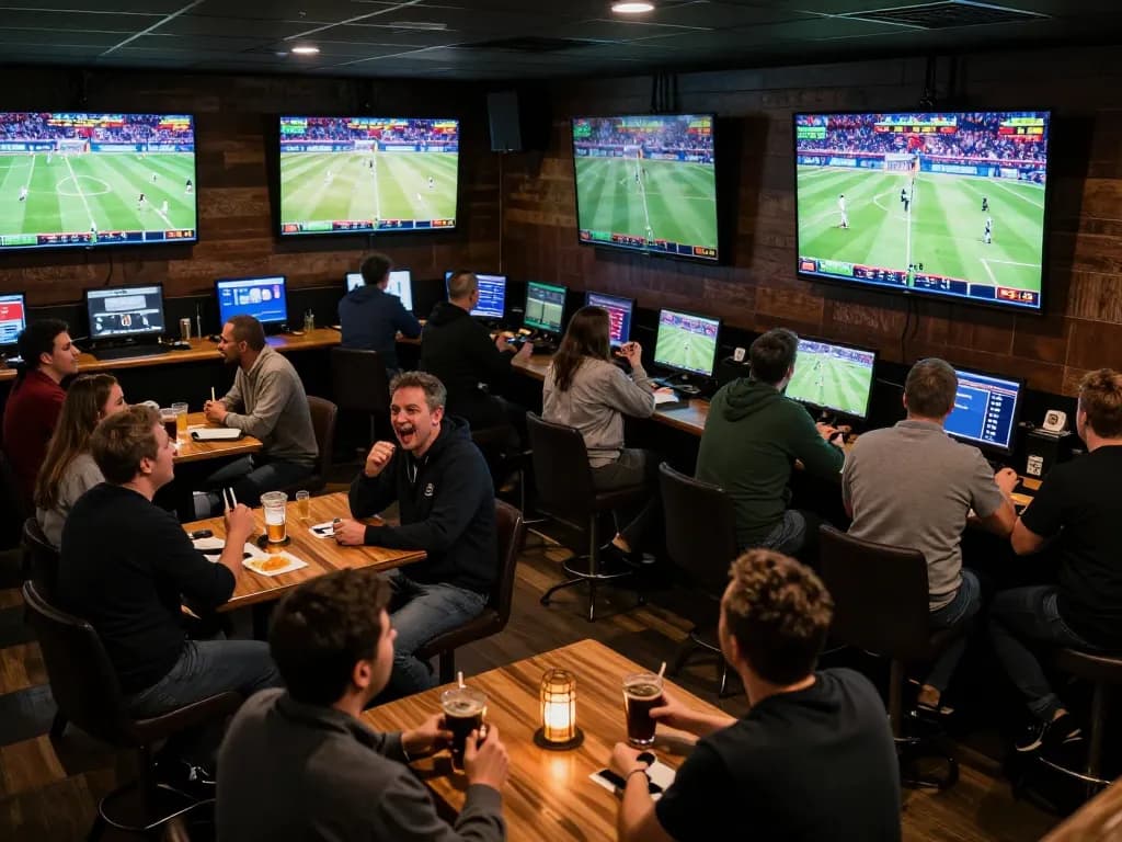 God55 sports betting bar atmosphere with patrons cheering and watching live games.