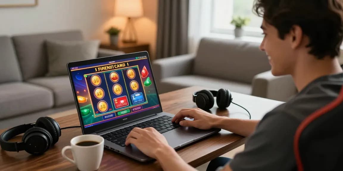 Engaging scene of online casinos that accept credit cards, showcasing a joyful player gaming at home with a laptop and coffee.