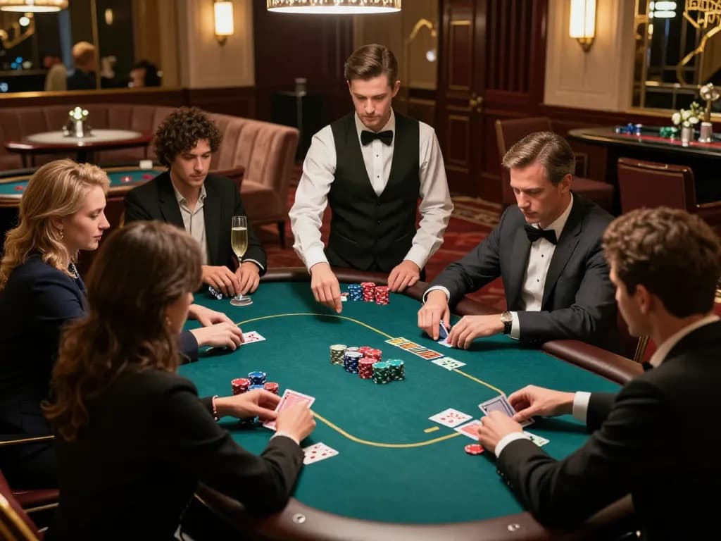 Players strategizing in a high-stakes poker game at SC88, showcasing luxury and excitement.