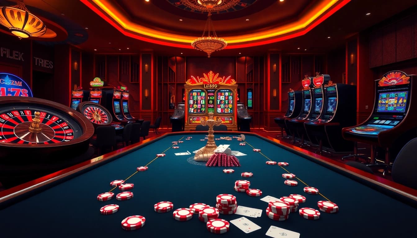 Exciting gambling atmosphere at LC88 Com with roulette wheel and poker chips.