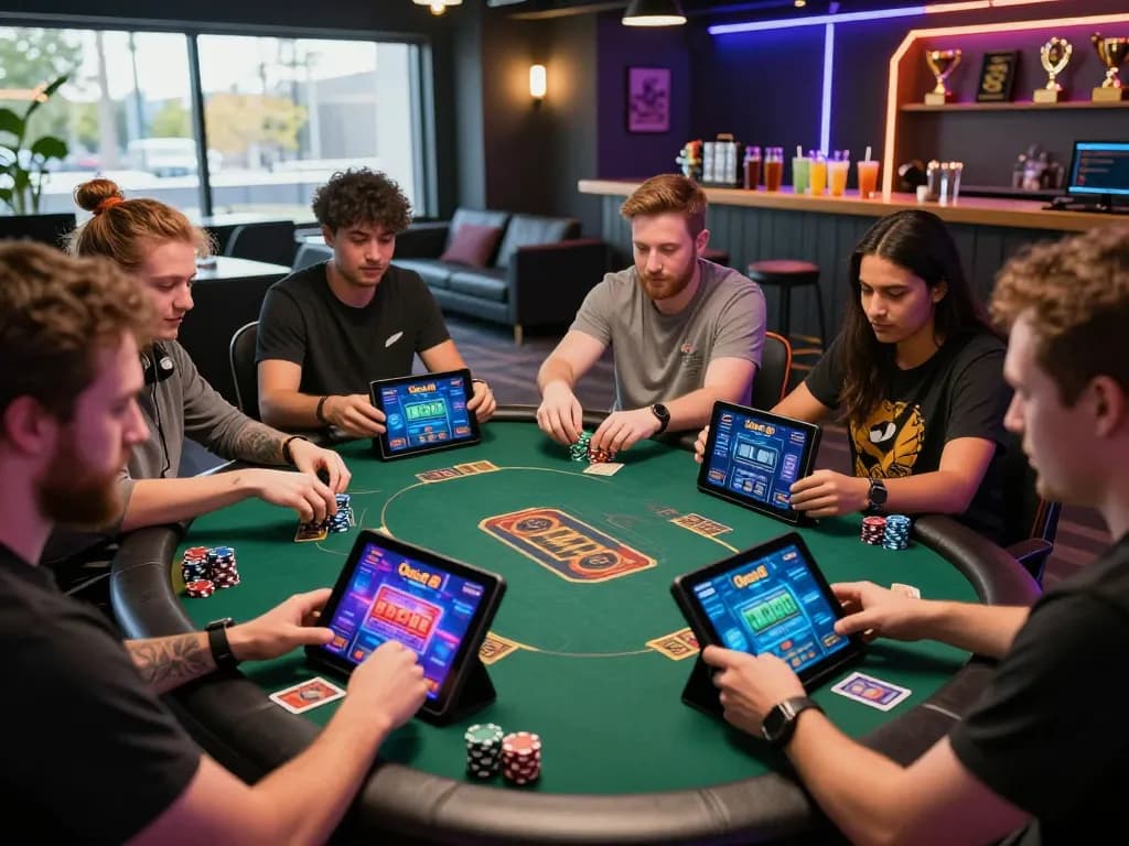 Friends playing games on Onbet 88 devices in a vibrant gaming lounge