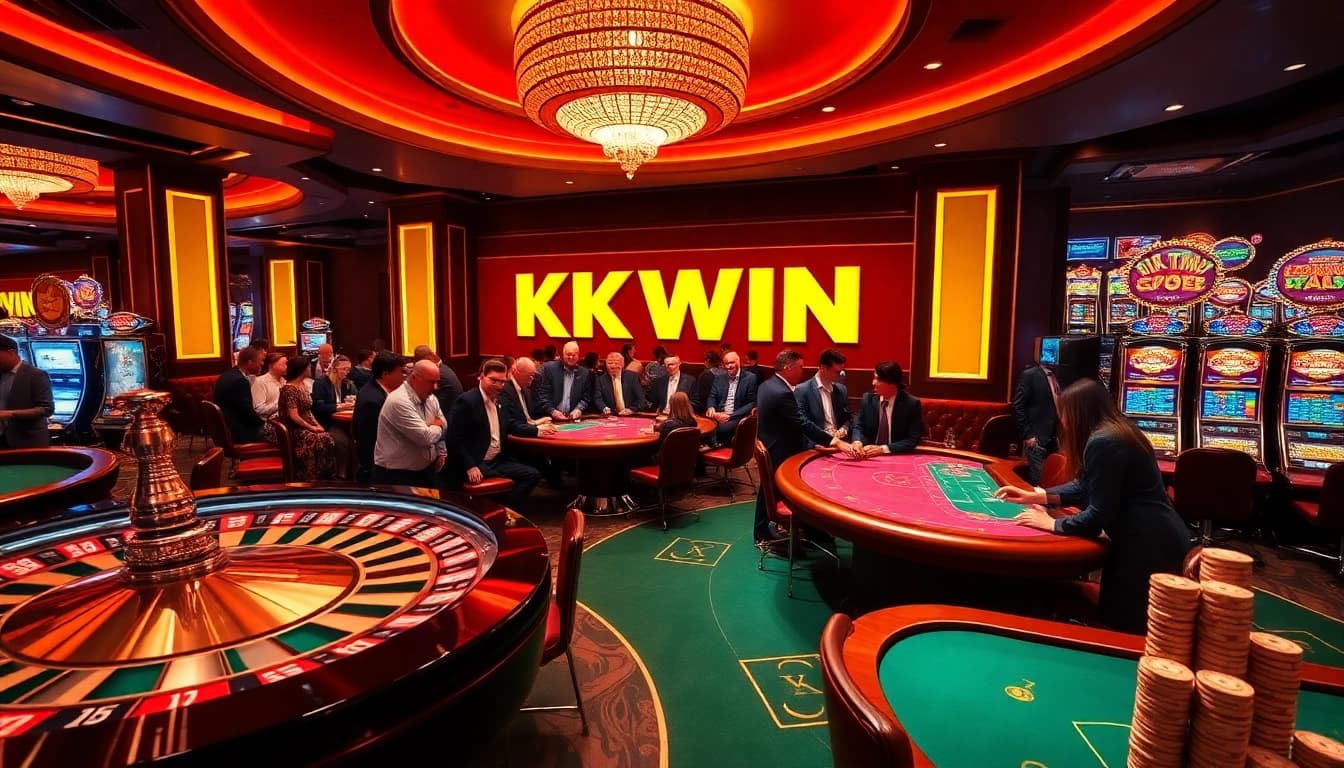Exciting KK WIN casino scene showcasing poker tables and roulette wheels