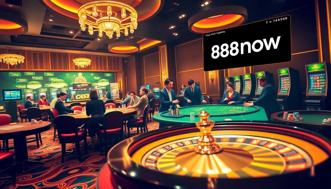 Play high-stakes casino games through the 888now link, showcasing vibrant tables and exciting gameplay.