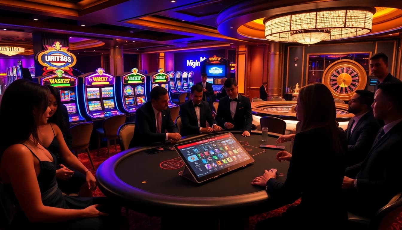 Players enjoying a thrilling casino experience at urr88.com with dice, cards, and vibrant slot machines.