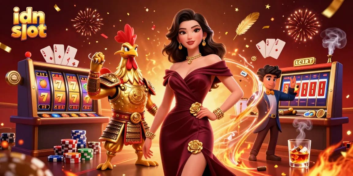 Win big playing idn slot with an exciting casino scene featuring glamorous characters and vibrant gaming elements.