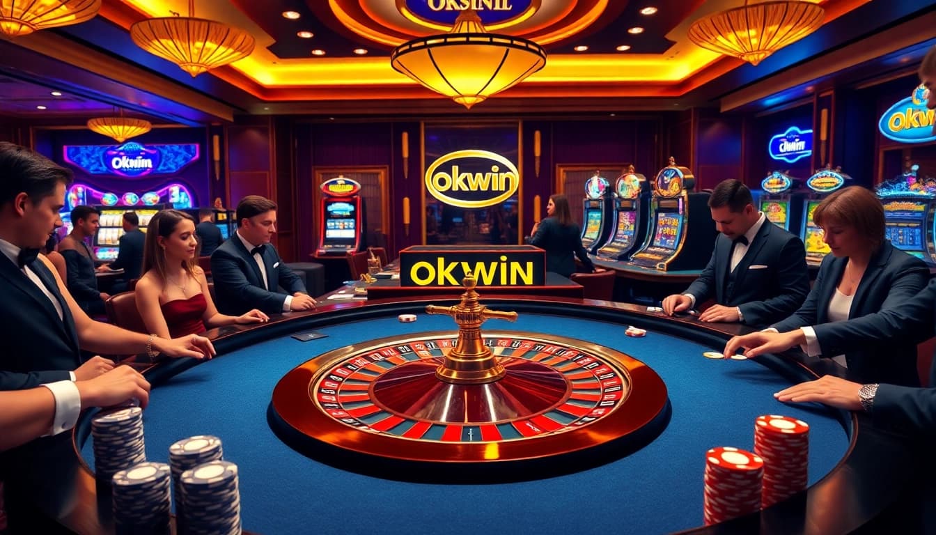 Playing dynamic games at OKWIN's luxurious casino with vibrant roulette and poker elements.
