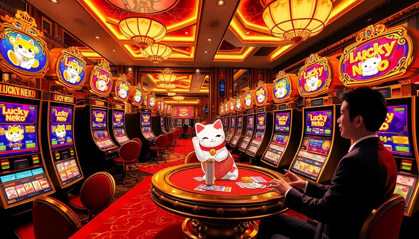 Exciting gaming scene with 'Lucky Neko PG Soft ลงทุนน้อยกำไรดี' slot machines and players.
