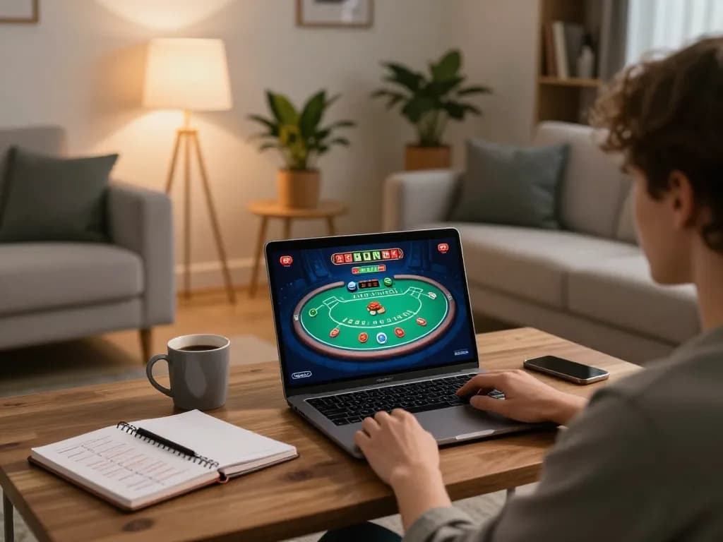 Playing at online casinos in Canada from a cozy home setup with poker on laptop.