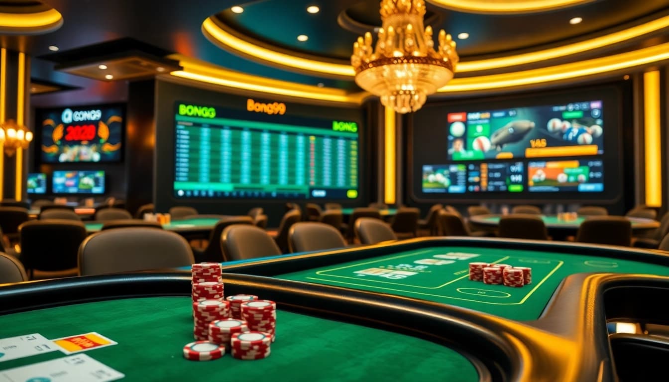 Exciting online betting action at Bong99, showcasing vibrant gambling elements in a luxurious casino atmosphere.