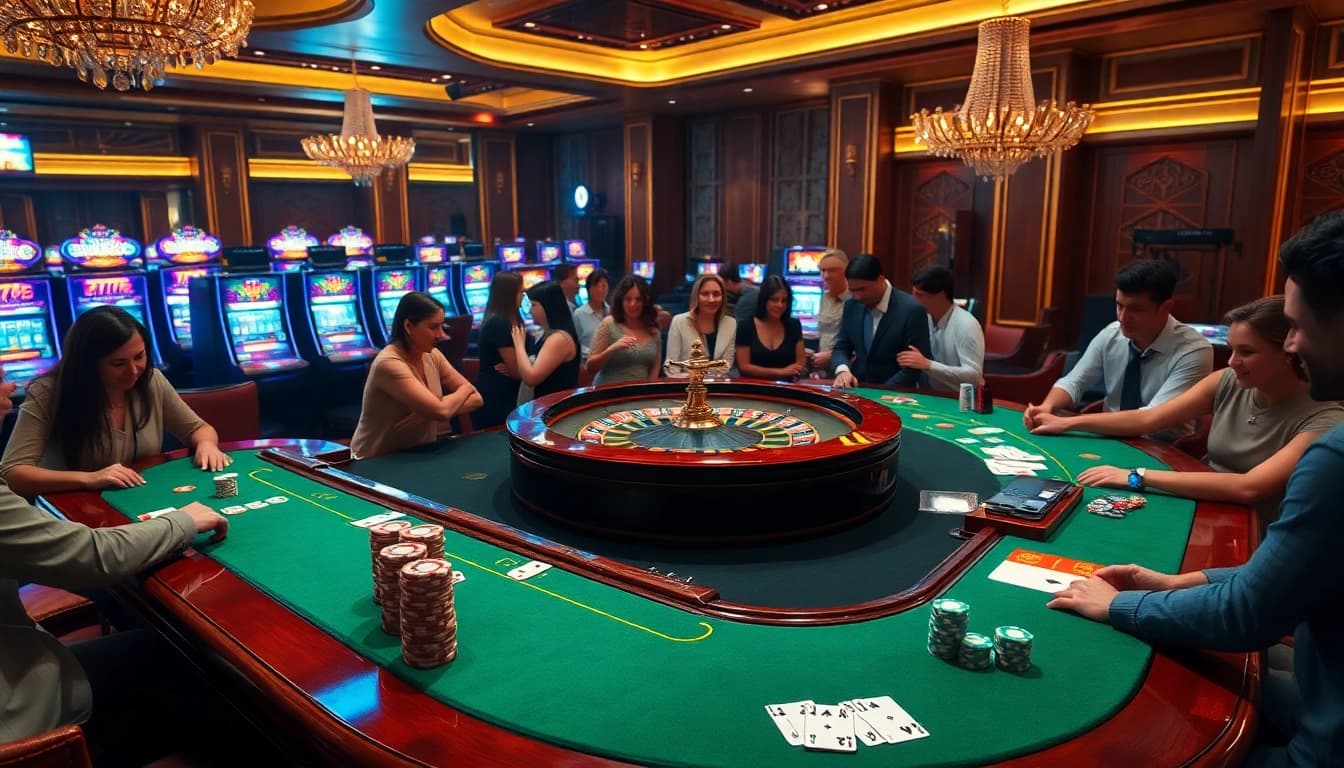 A lively casino scene at 789 club showcasing excited players at a roulette table and vibrant slot machines.