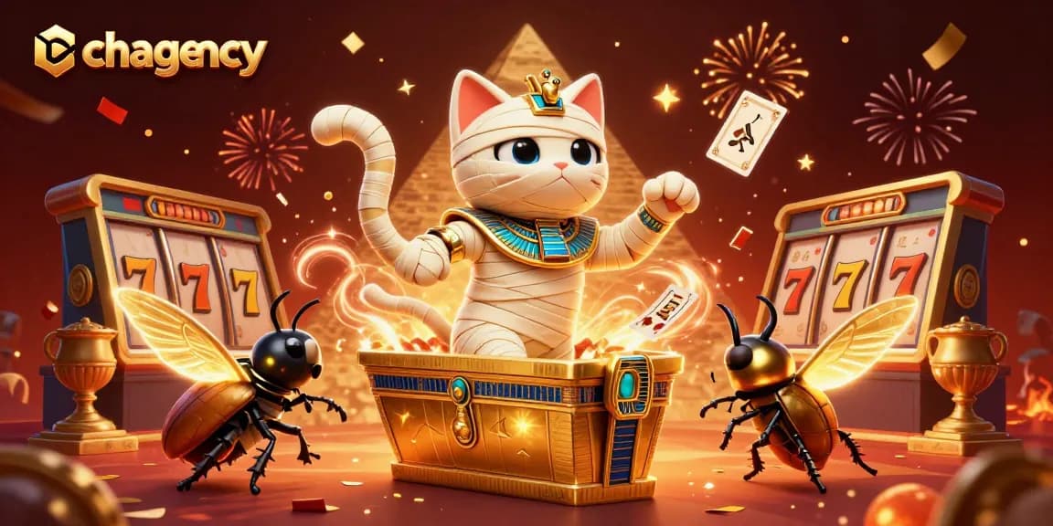 Engage with thrilling action in chagency, featuring a mummy cat in a vibrant casino scene with slot reels and confetti.