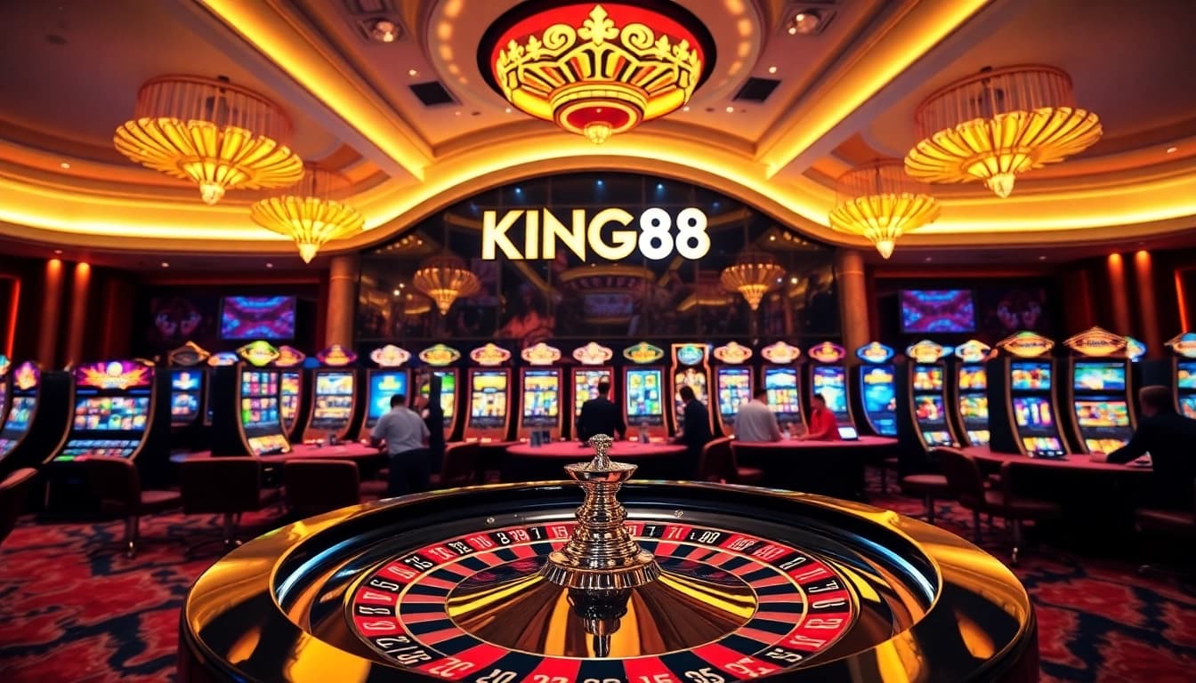 Exciting casino scene with KING88 branding, featuring roulette, poker chips, and players engaging in games.
