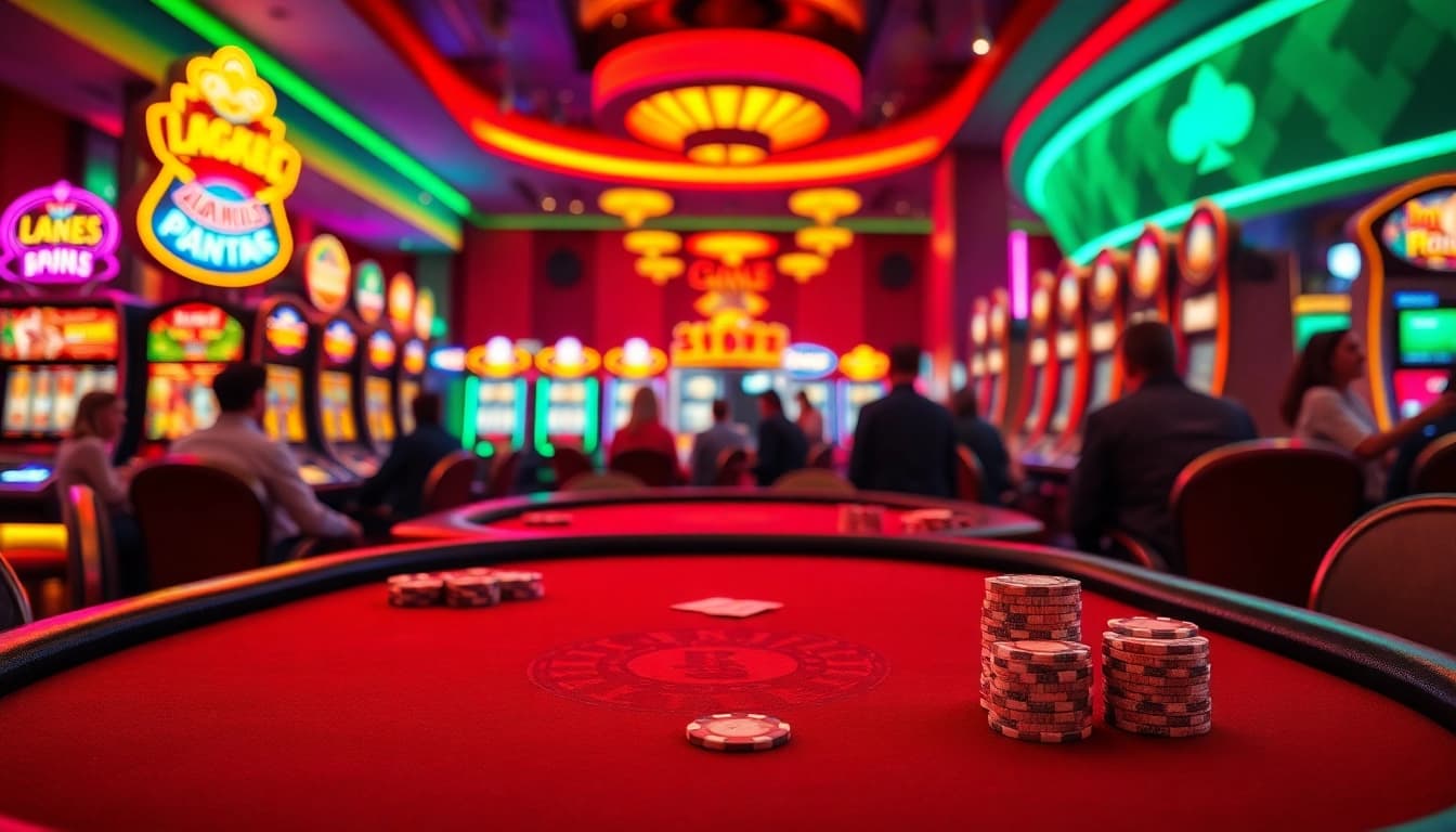 Engage in an exciting Casino atmosphere with players around a poker table and vibrant slot machines.