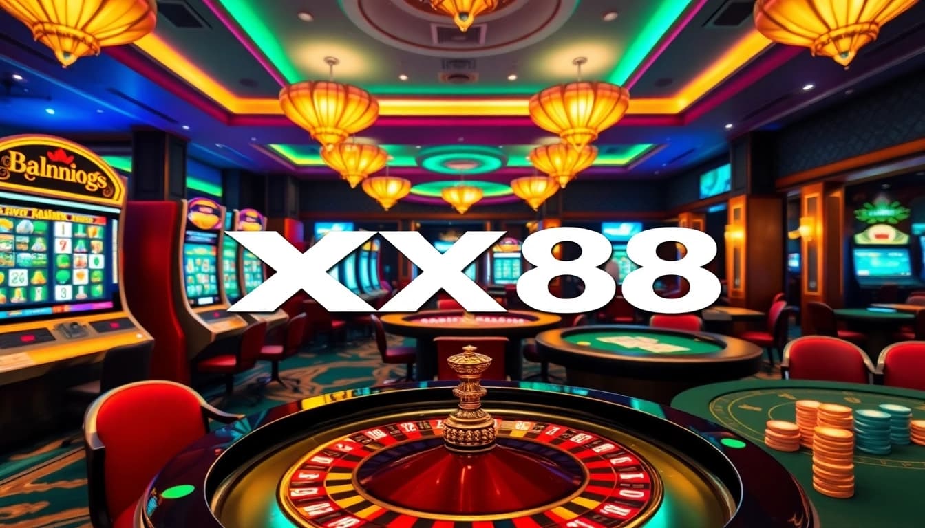 Experience the excitement of gambling with XX88, showcasing casino tables and vibrant slot machines.