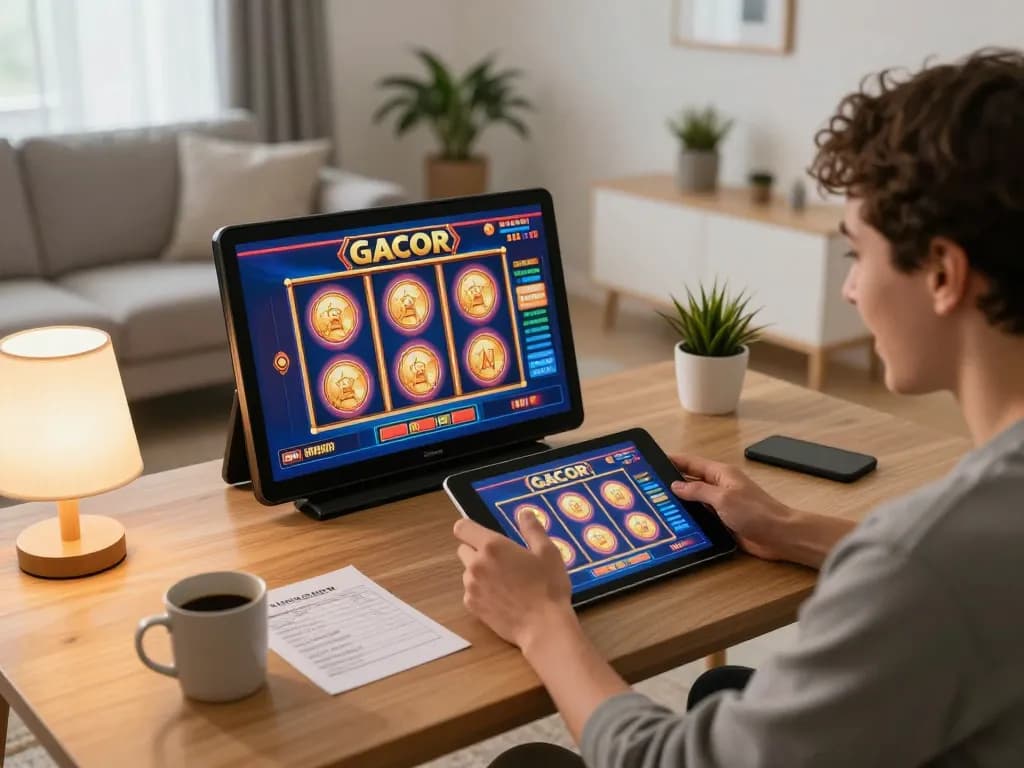 Pemain menikmati permainan slot gacor di tablet dalam suasana rumah yang nyaman, menampilkan permainan yang bertanggung jawab.