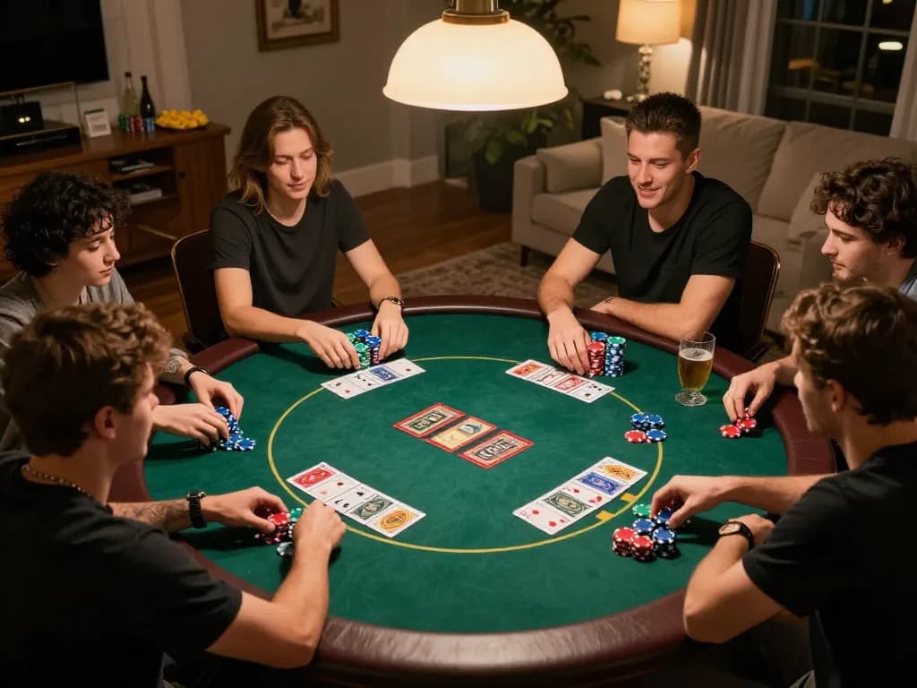 situs bandar togel singapore hongkong menampilkan malam poker di rumah, teman-teman berkumpul di sekitar meja menikmati permainan Texas Hold'em yang meriah